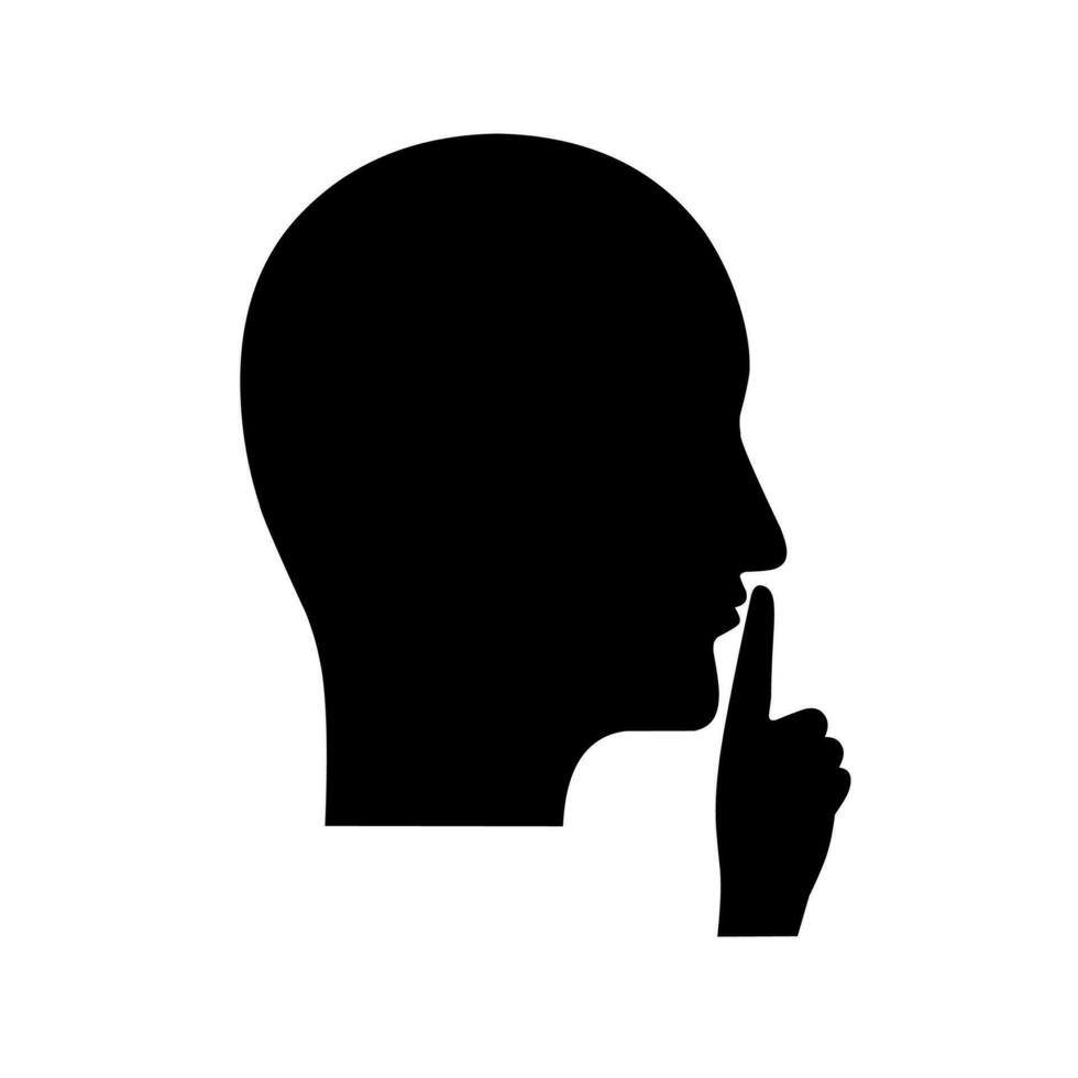 Please be quiet and calm. Shhh gesture icon with black face and hands. Finger covering mouth on white background. Vector silhouette.