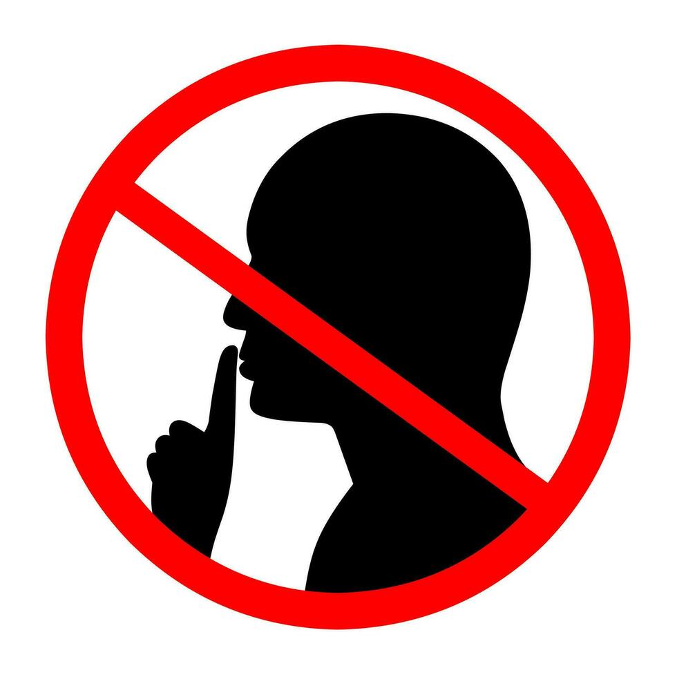 Please be calm and calm icon with prohibition circle. Shhh gesture icon with black face and hands. Finger covering mouth on white background. Vector silhouette.