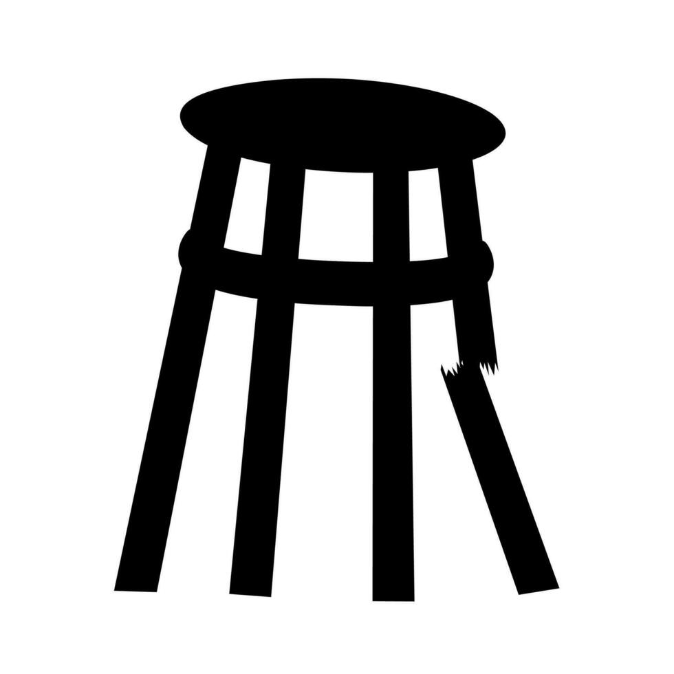 Vector silhouette of broken wooden chair on white background. The seat is broken and dangerous to use.