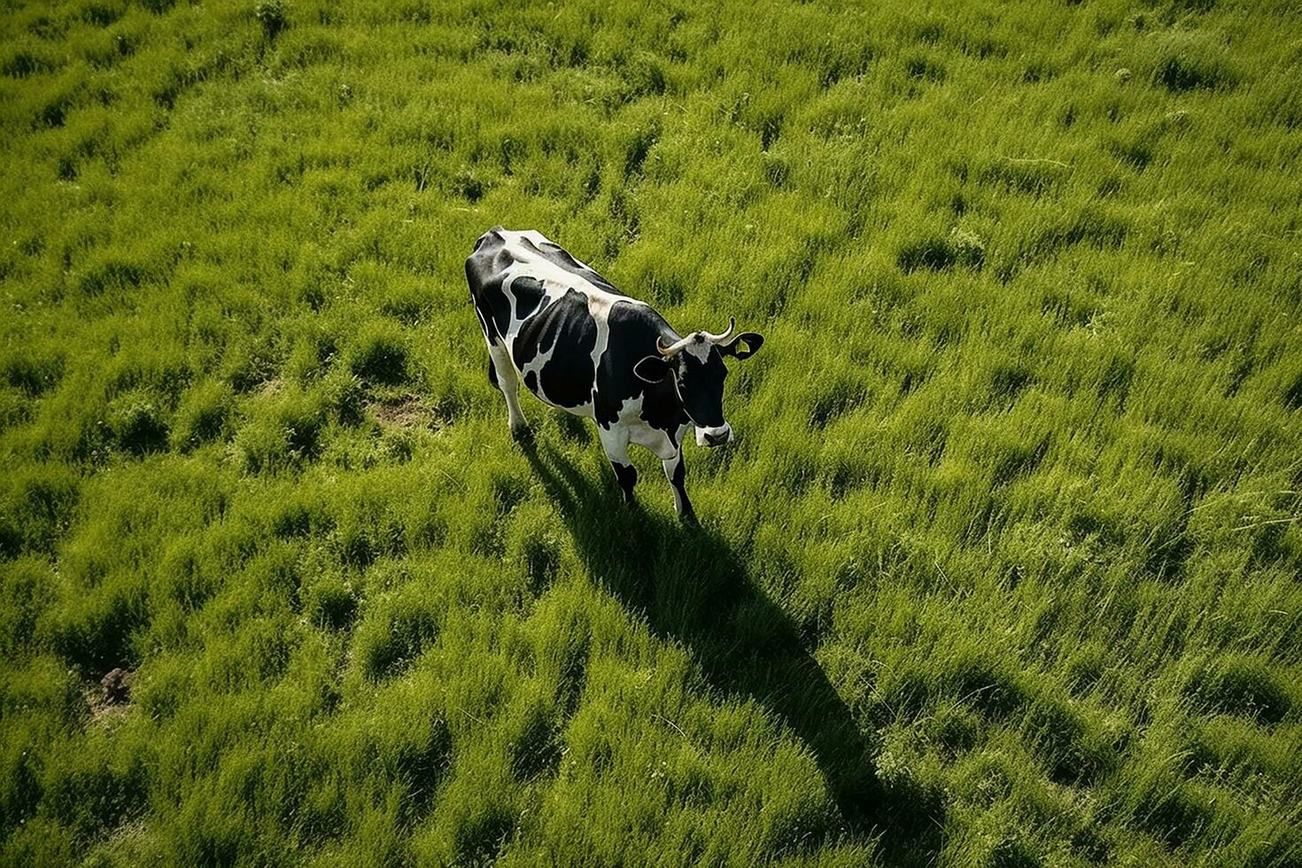 AI generated Aerial view of cow on green meadow in summer. photo