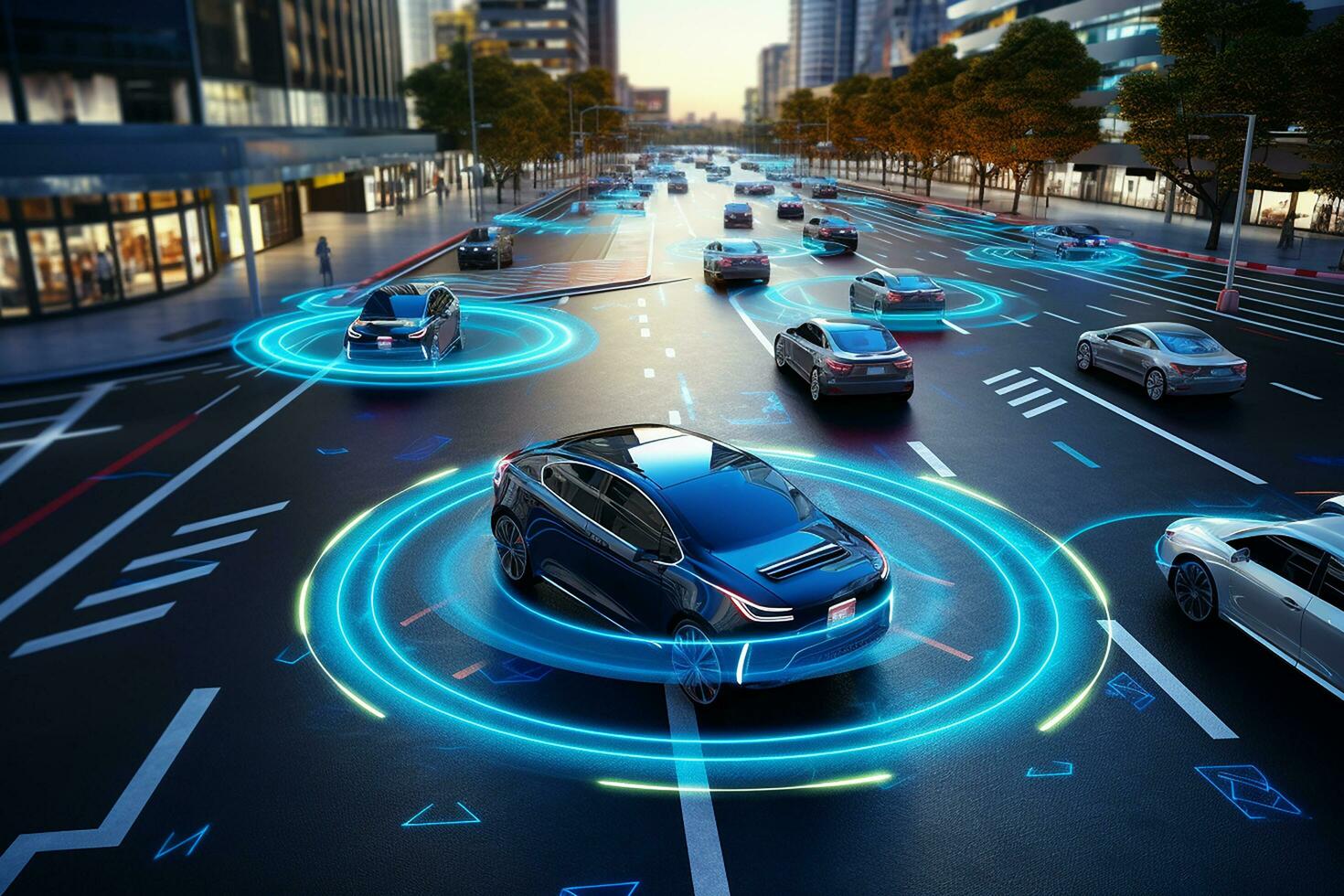 AI generated Aerial Top Down Drone View Autonomous Self Driving Car Moving Through City Highway. AI Visualization Concept photo