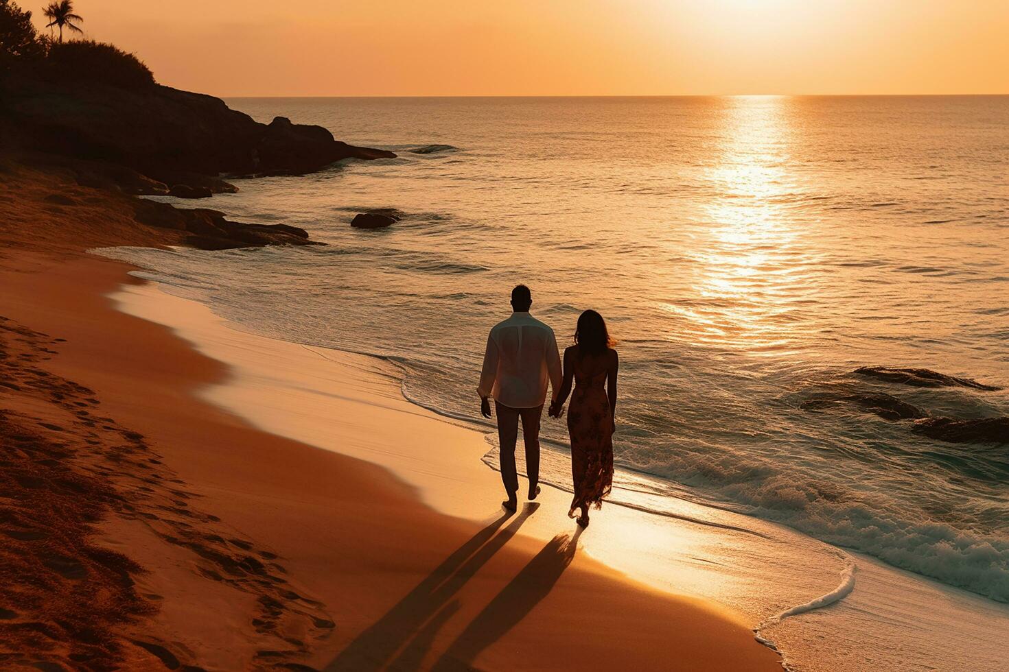 ai generado aéreo ver de increíble playa Pareja caminando en puesta de sol ligero cerca a turquesa mar. parte superior ver de verano playa paisaje foto