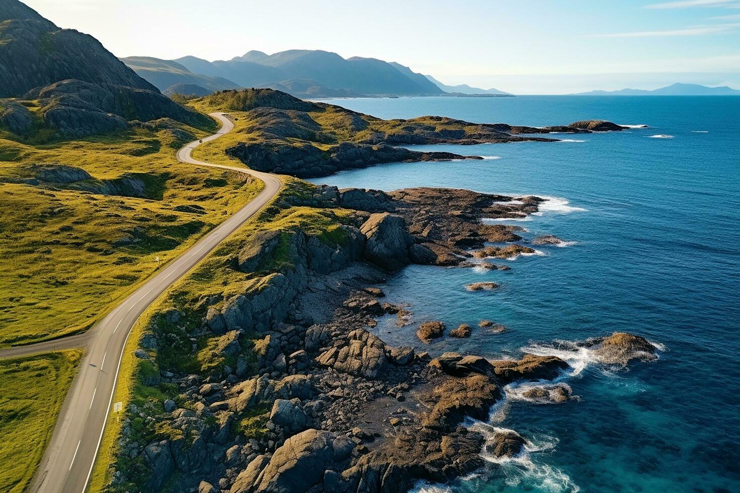 ai generado aéreo ver de camino, rocoso mar costa con olas y piedras a puesta de sol paisaje con hermosa camino, transparente azul agua, rocas parte superior ver desde zumbido de autopista en verano foto