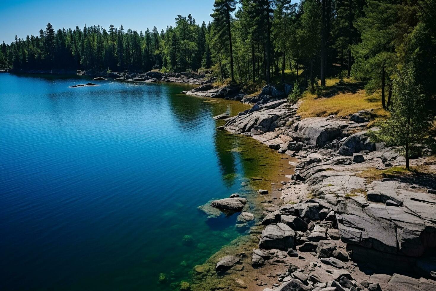 AI generated Aerial view of blue lake stone shore and and green woods with pine trees in summer photo