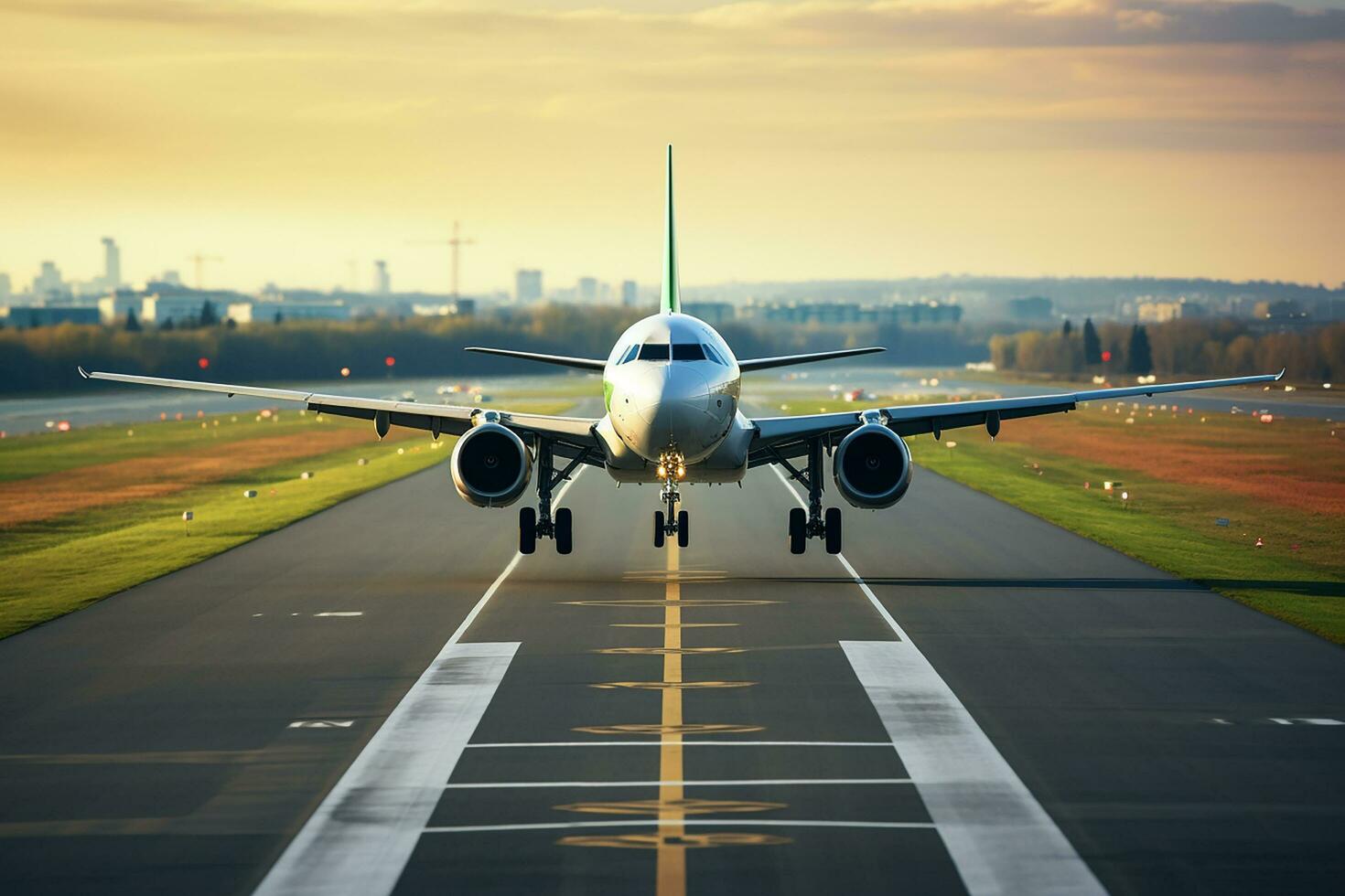 AI generated Airplane on the runway ready to take-off in the evening light photo