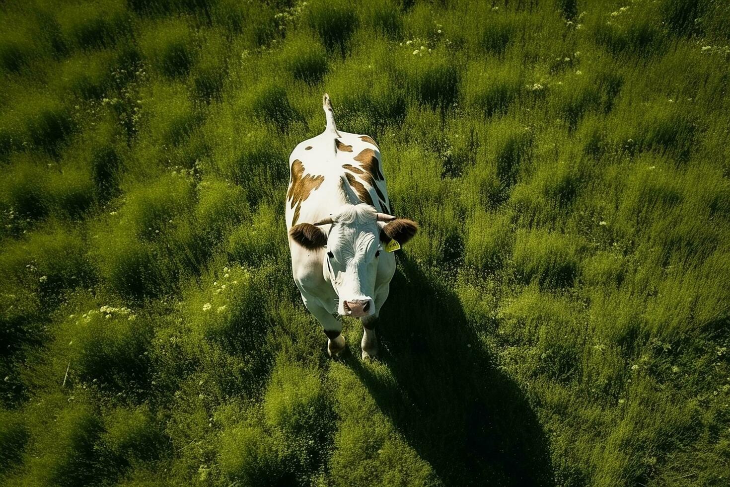 AI generated Aerial view of cow on green meadow in summer. photo