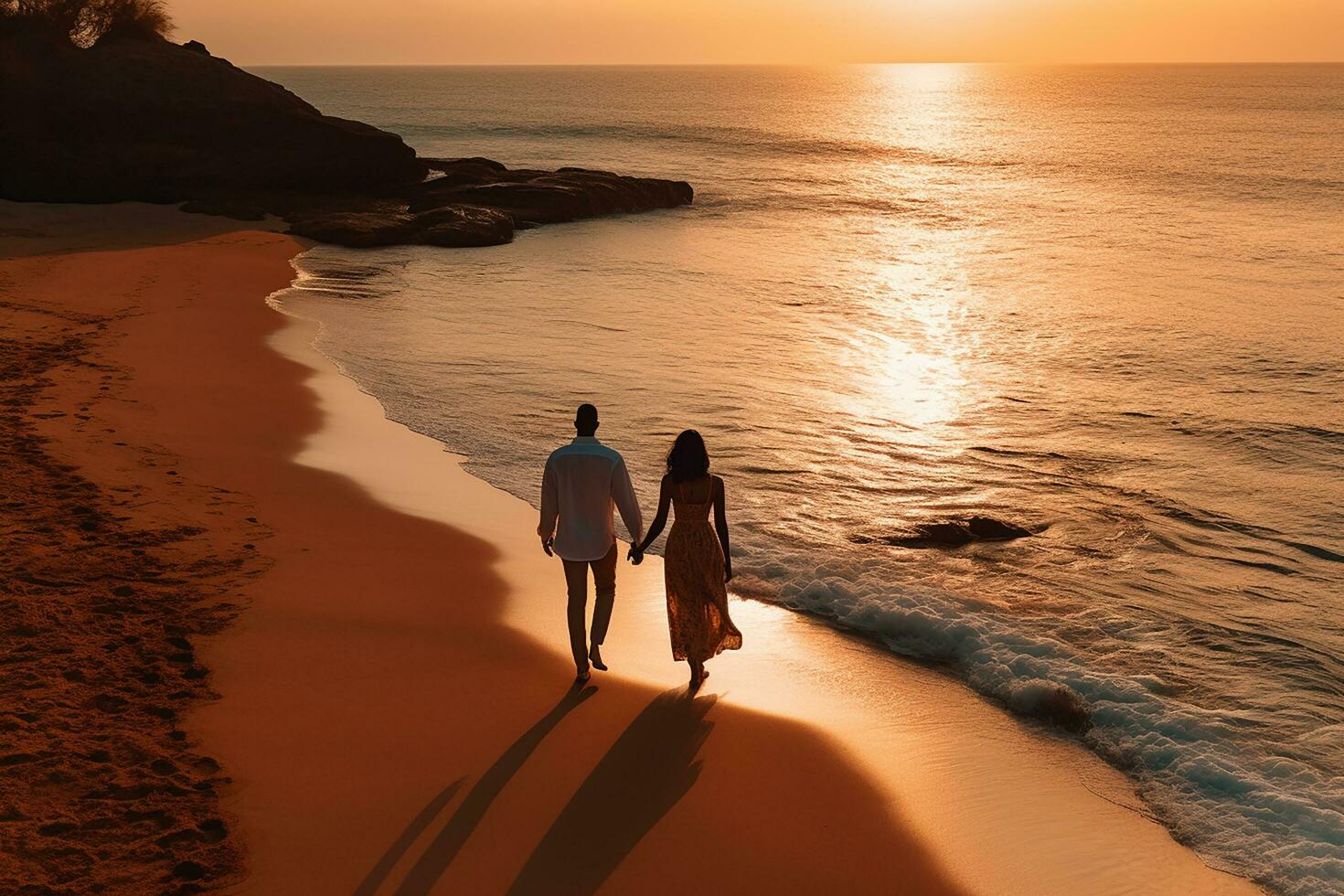 ai generado aéreo ver de increíble playa Pareja caminando en puesta de sol ligero cerca a turquesa mar. parte superior ver de verano playa paisaje foto