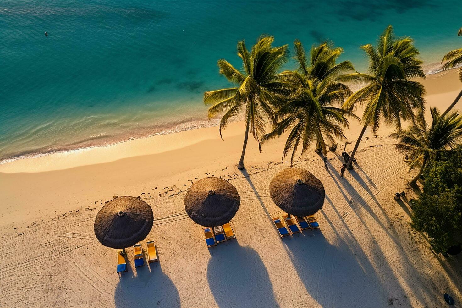 AI generated Aerial view, amazing beach with umbrellas and lounge chairs beds close to turquoise sea. Beautiful view summer beach landscape idyllic relax tranquil couple vacation, romantic holiday photo