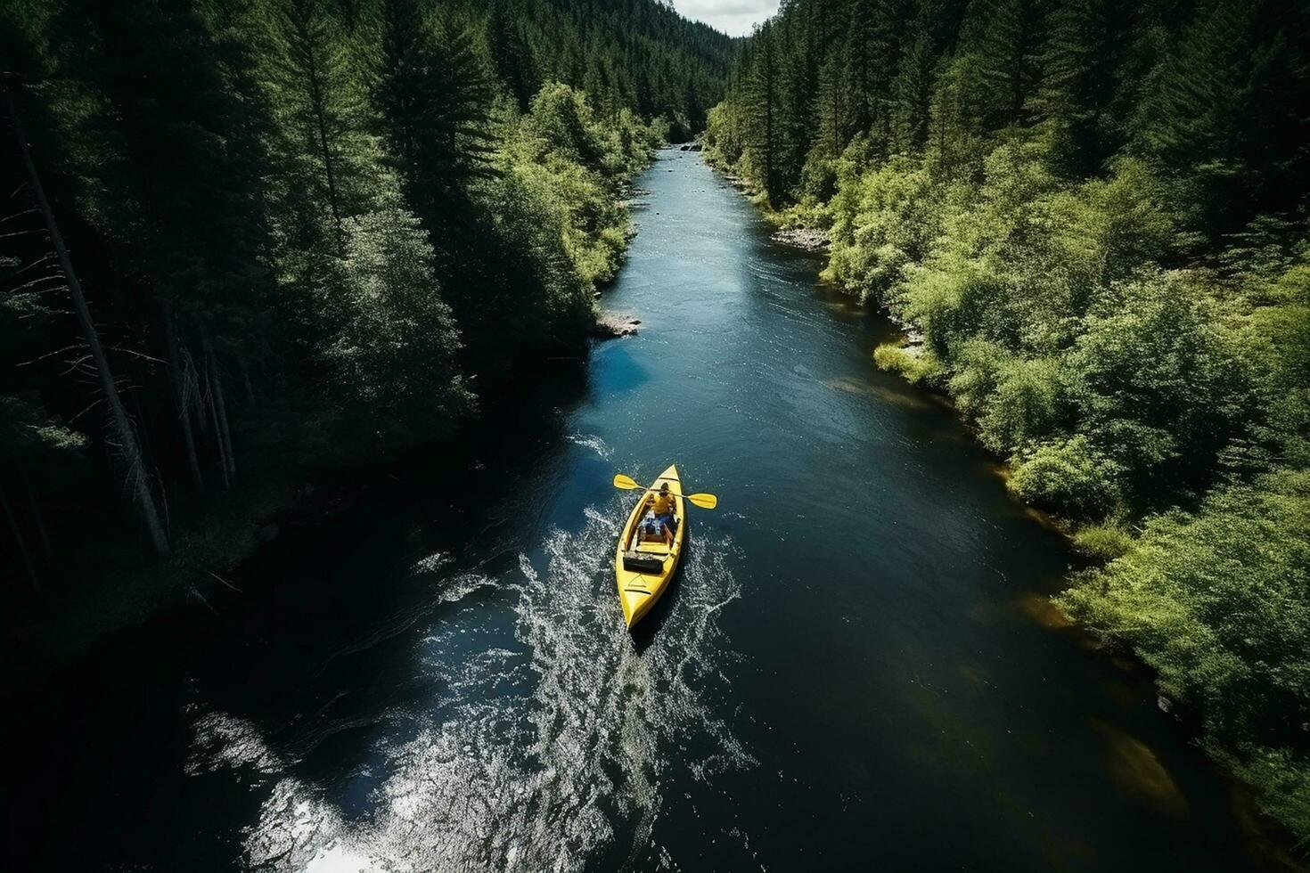 ai generado aéreo ver de montaña río personas canotaje en arroyo. extremo vitalidad foto