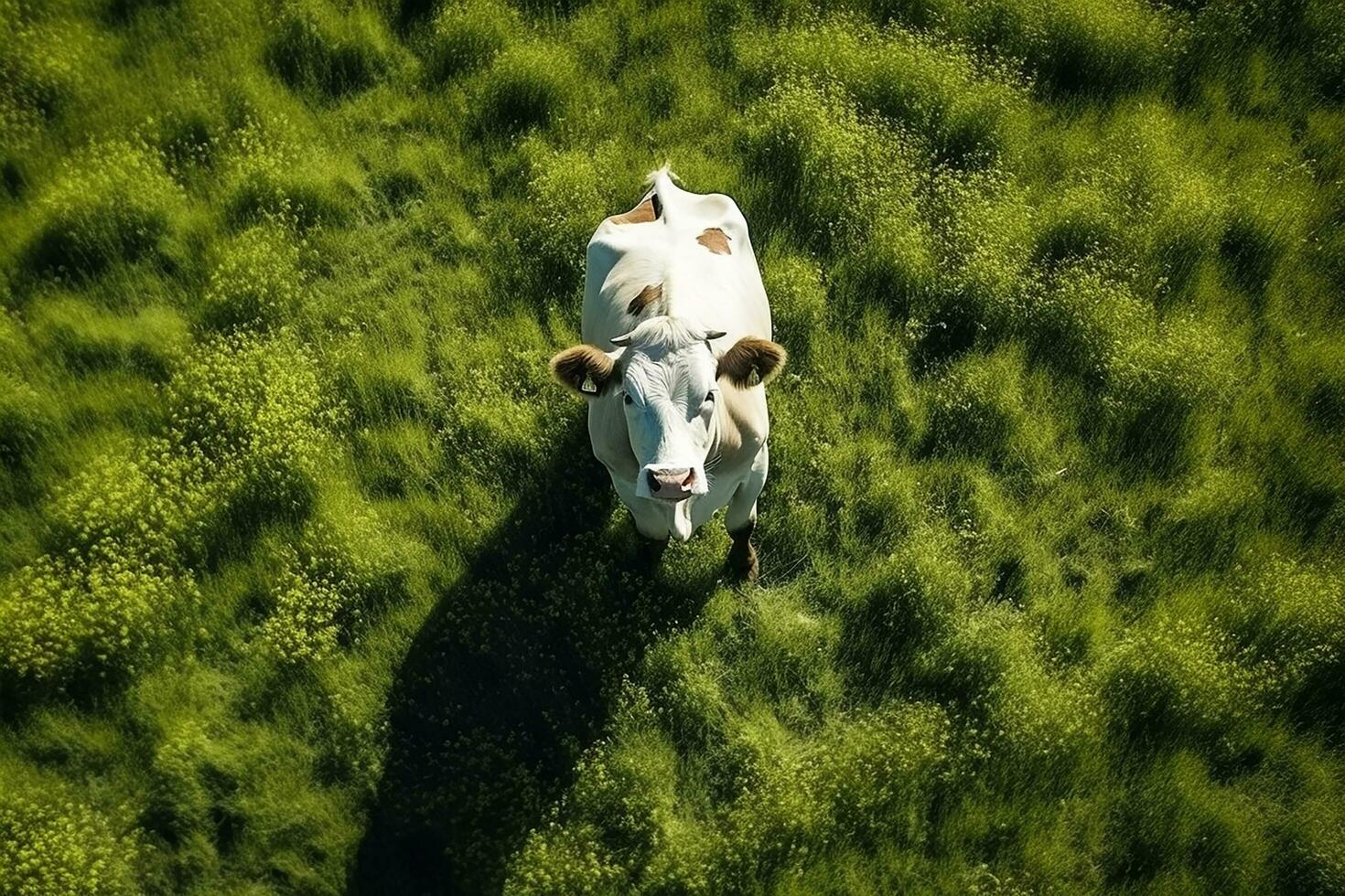 AI generated Aerial view of cow on green meadow in summer. photo