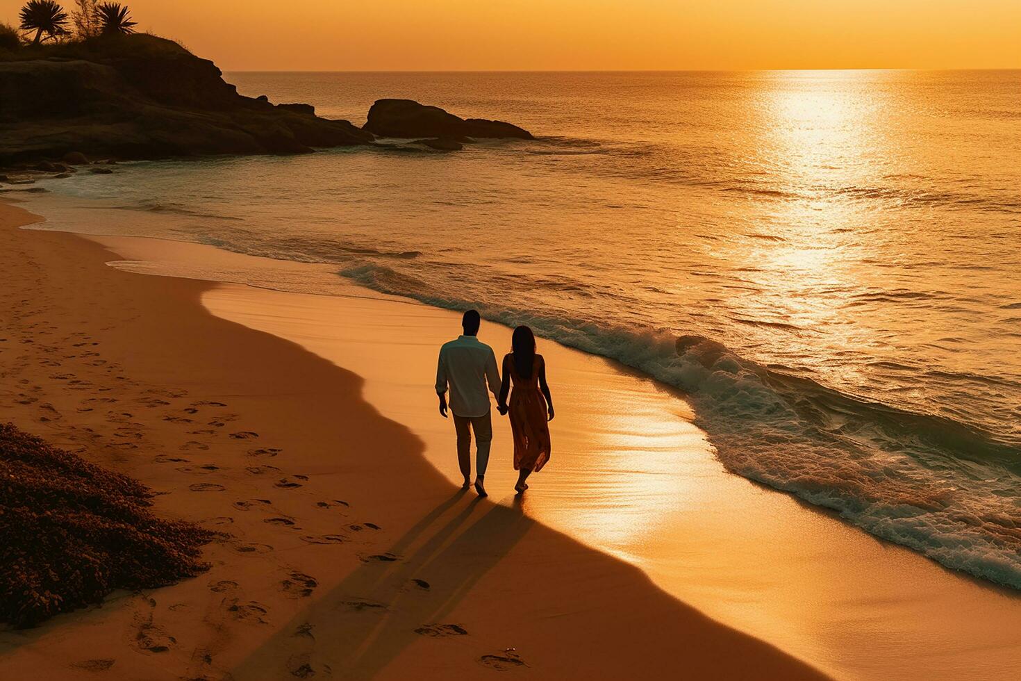 ai generado aéreo ver de increíble playa Pareja caminando en puesta de sol ligero cerca a turquesa mar. parte superior ver de verano playa paisaje foto