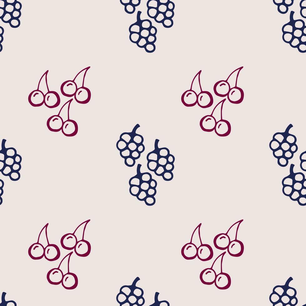 Hand-drawn simple vector seamless pattern. Doodle contour of cherry berries, bunches of grapes on a light lilac-pink background. For labels, shop, market, fabric prints, textile products.