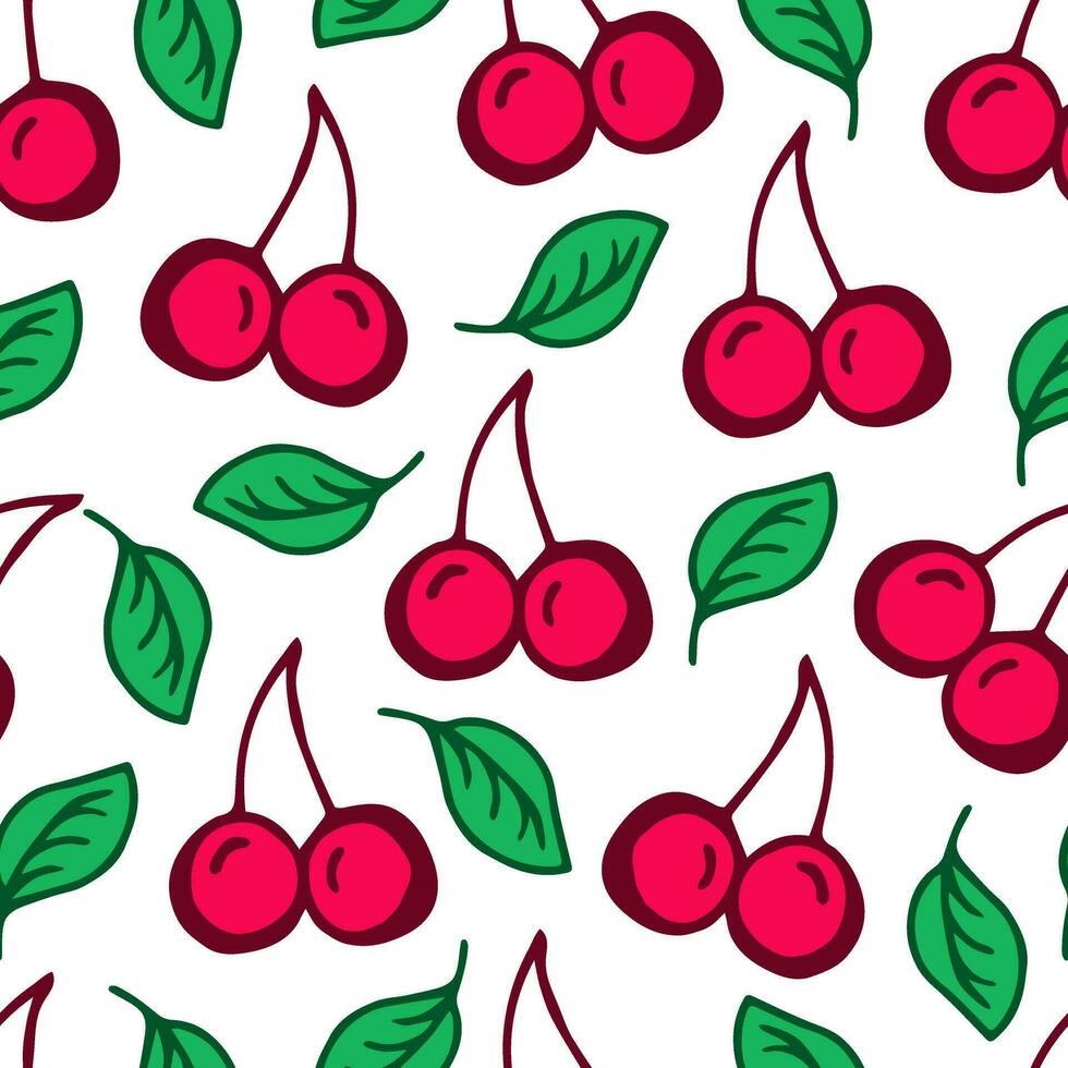 Hand-drawn bright vector seamless pattern. Pink cherries, green leaves on a white background. For prints fabrics, kitchen textiles, clothing. Summer orchard, nature, fruits, berries.