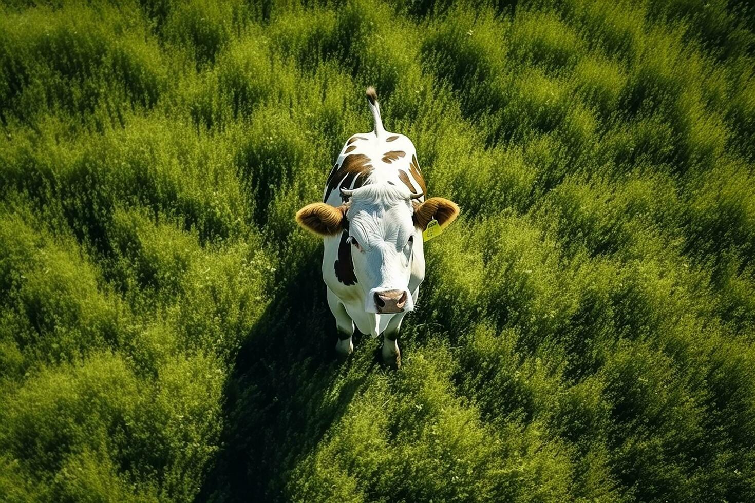 AI generated Aerial view of cow on green meadow in summer. photo