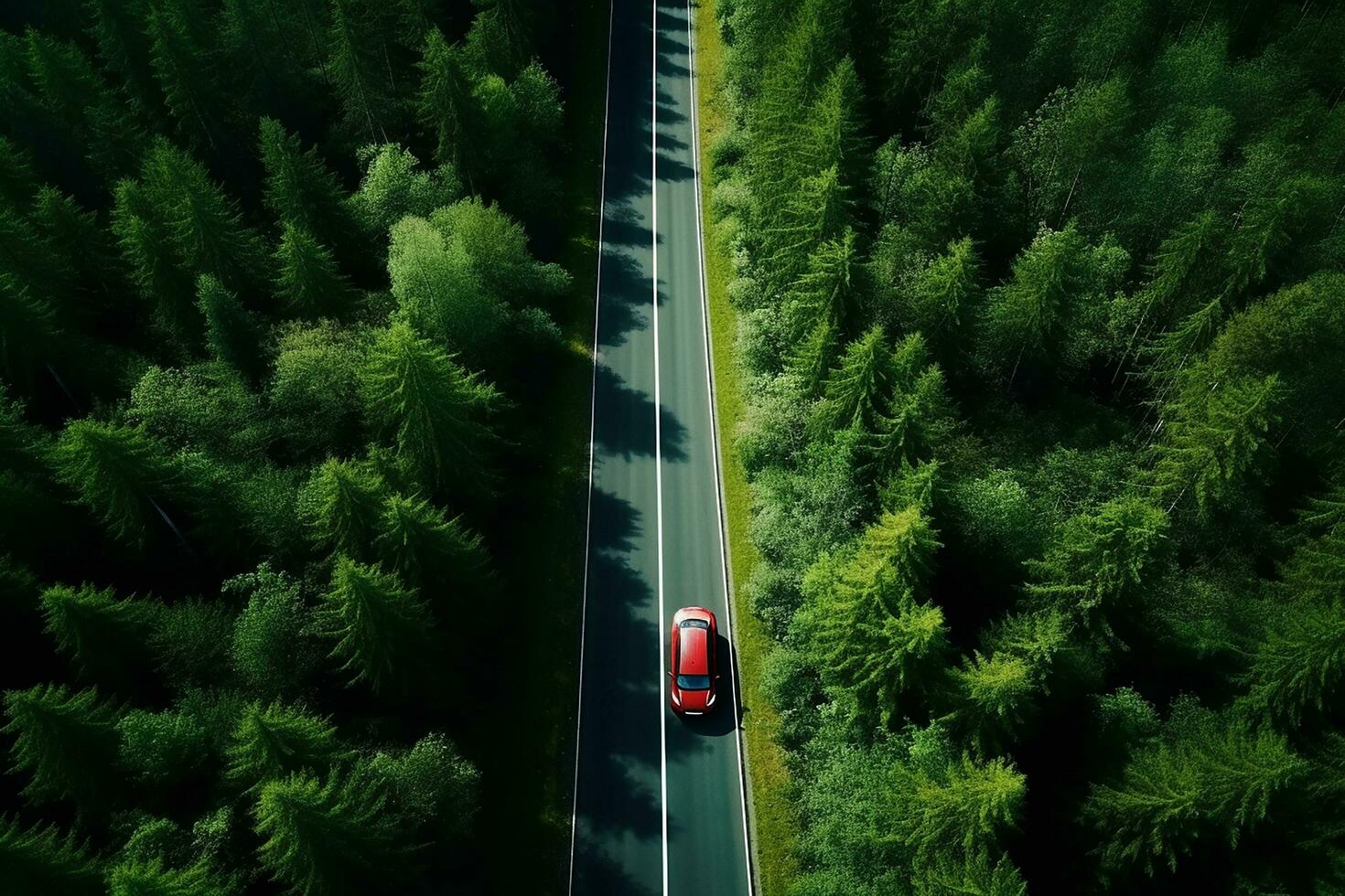 AI generated Aerial view of a road in the middle of the forest photo