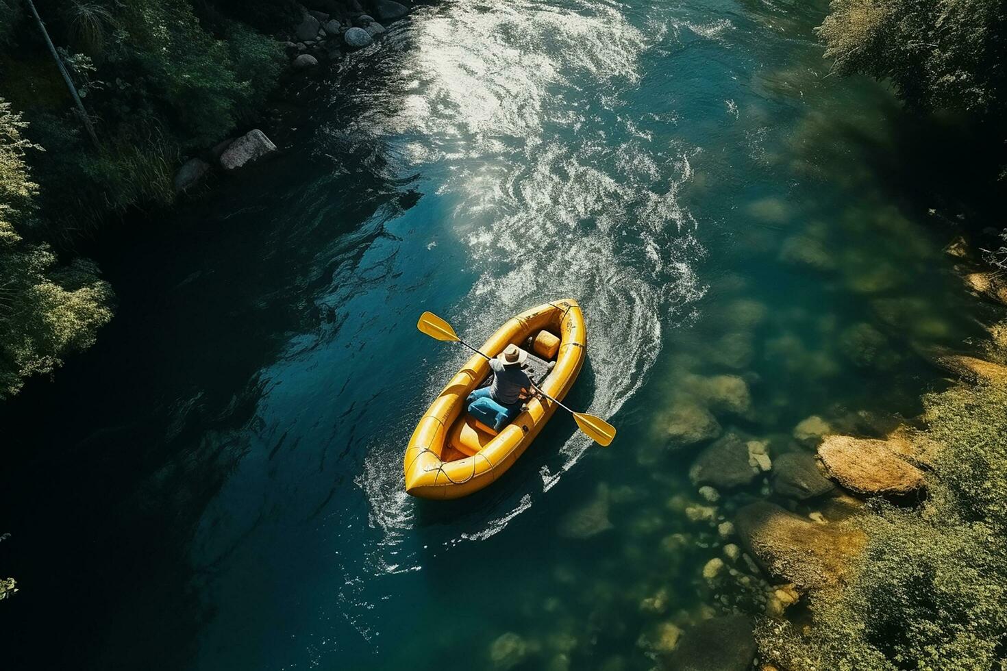 ai generado aéreo ver de montaña río personas canotaje en arroyo. extremo vitalidad foto