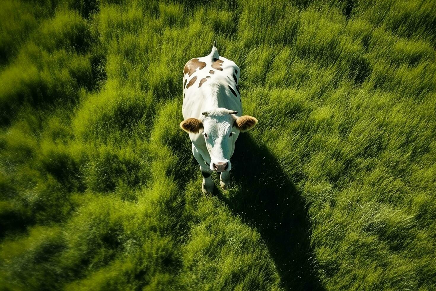 AI generated Aerial view of cow on green meadow in summer. photo