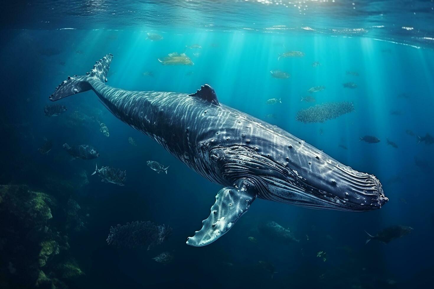 ai generado aéreo ver de delfines nadando mediante tropical azul agua foto