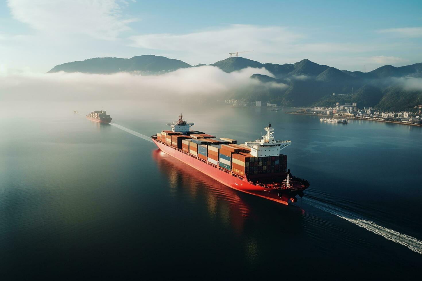 AI generated Aerial top down view of a large container cargo ship in motion over open ocean with copy space photo