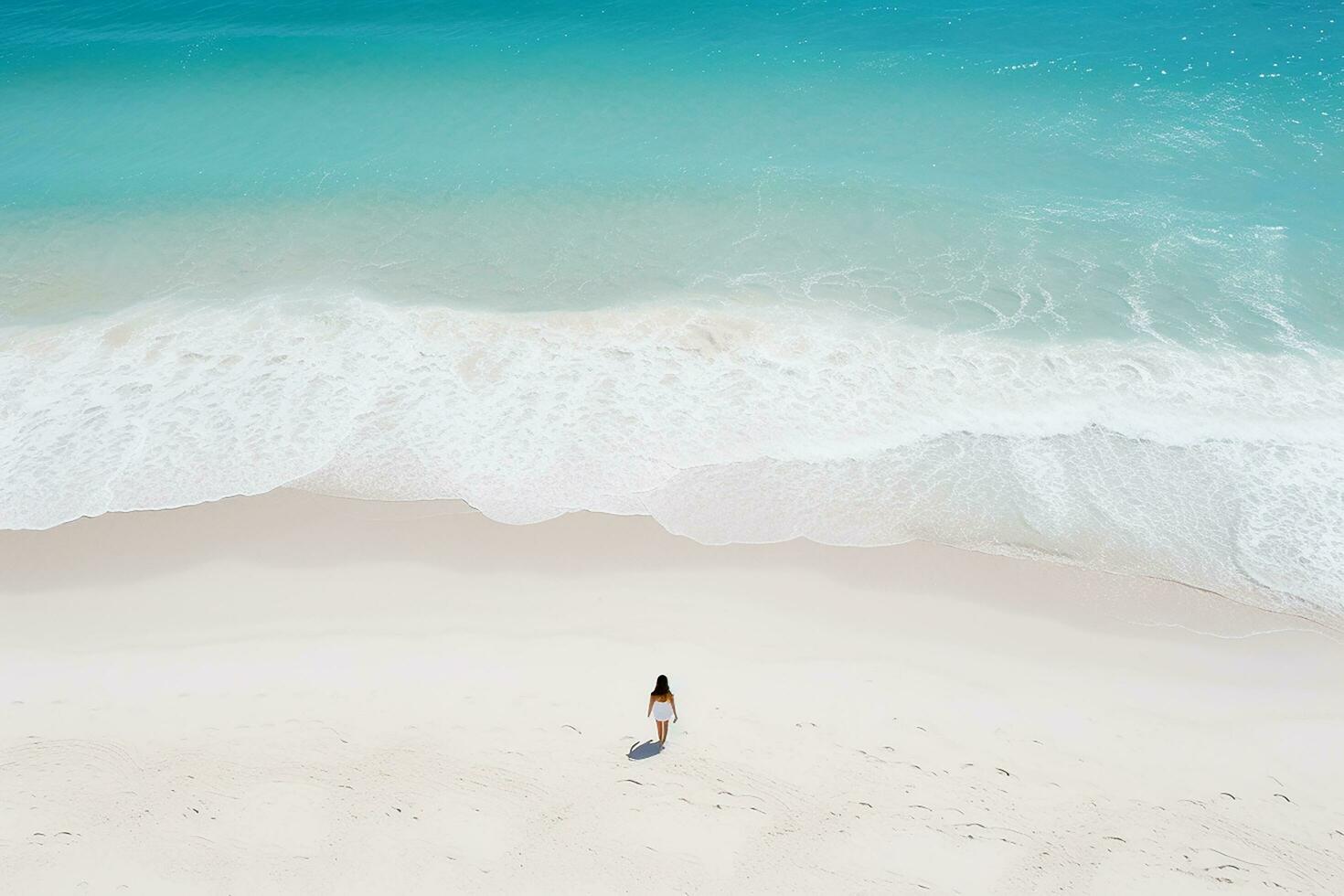 ai generado aéreo ver de increíble playa persona caminando en puesta de sol ligero cerca a turquesa mar. parte superior ver de verano playa paisaje foto