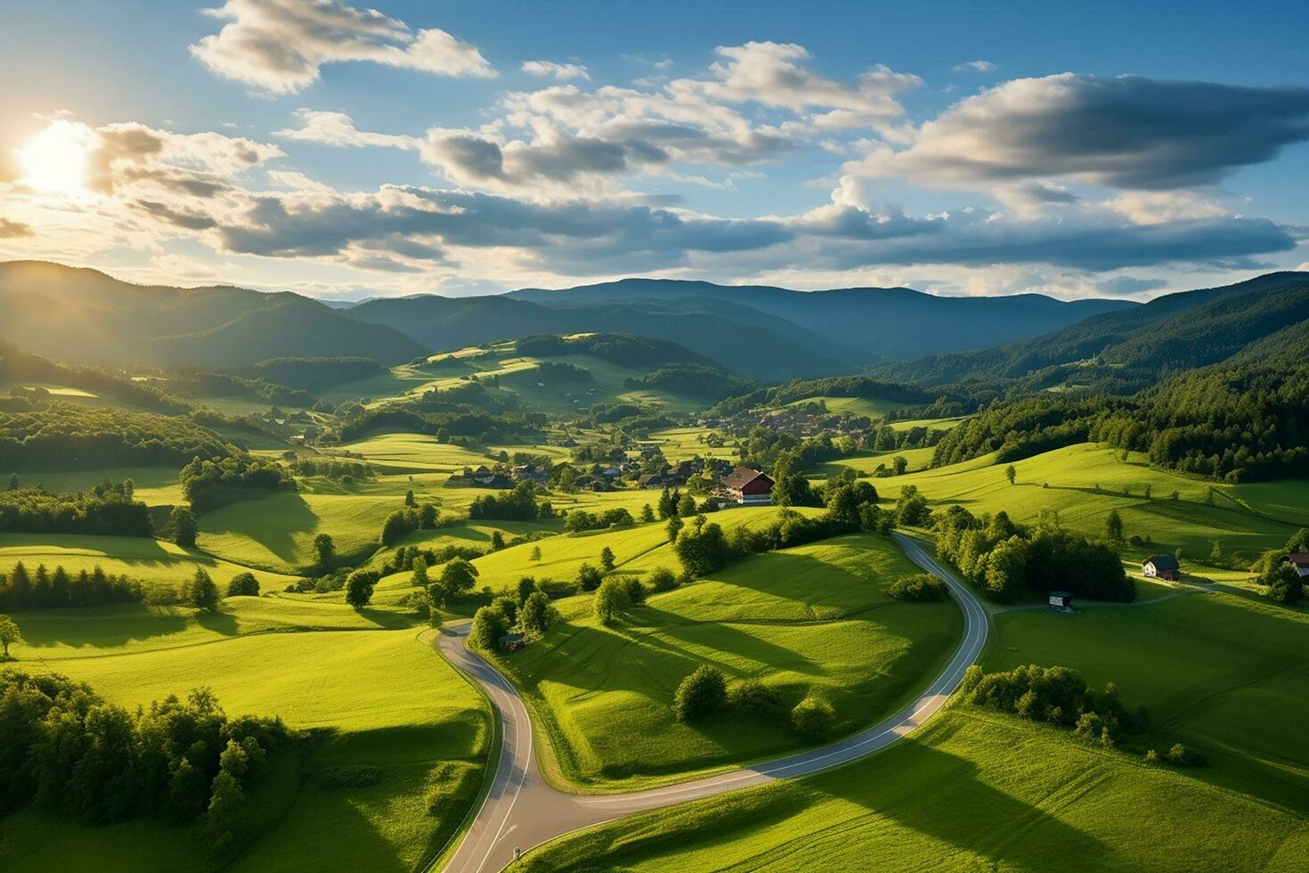 AI generated Aerial view of a road in the middle of the forest photo