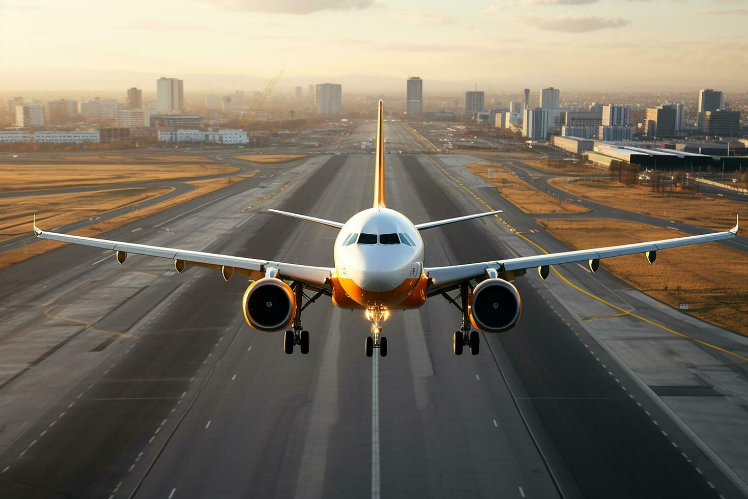 AI generated Airplane on the runway ready to take-off in the evening light photo