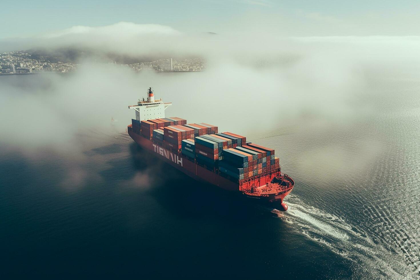 AI generated Aerial top down view of a large container cargo ship in motion over open ocean with copy space photo