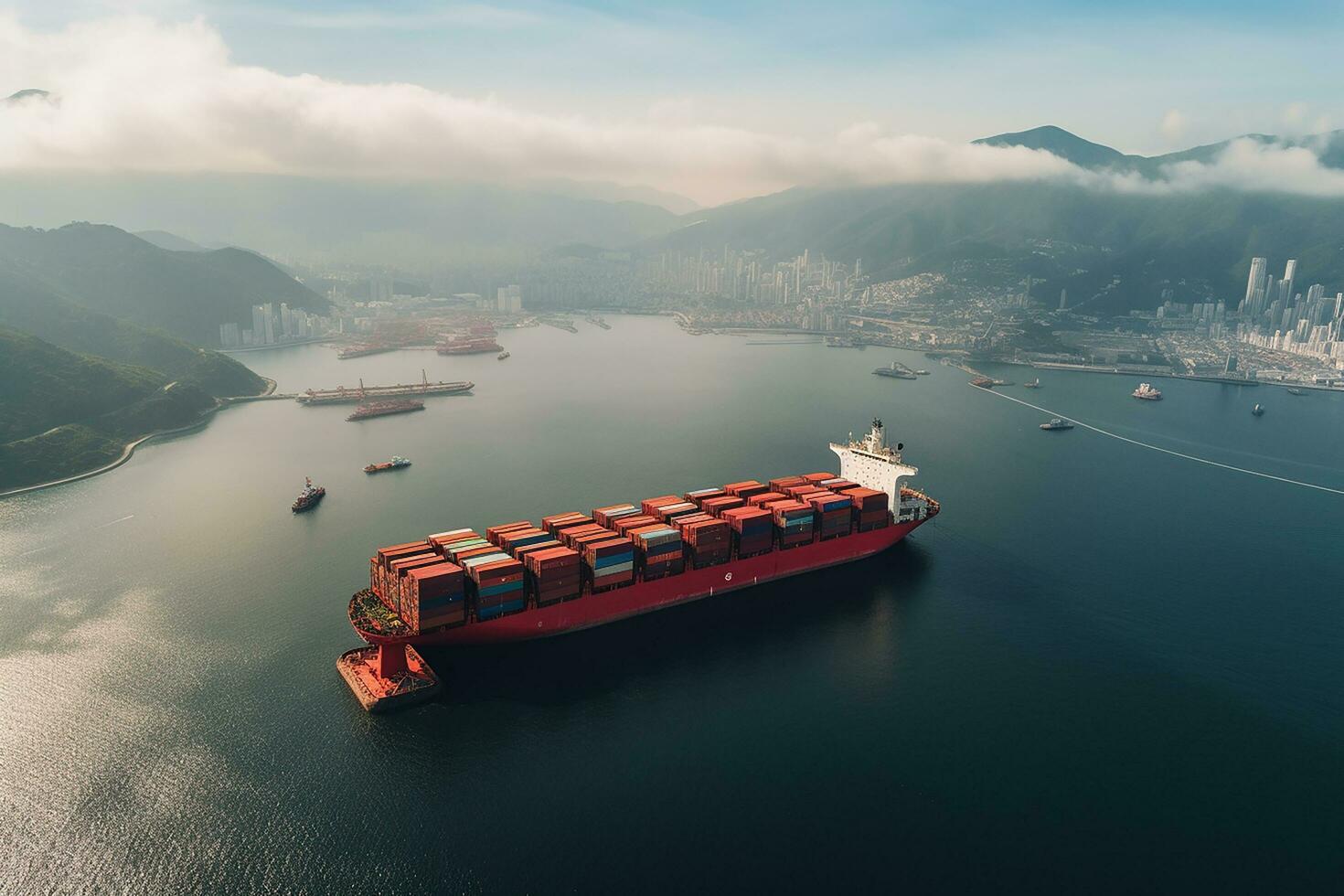 AI generated Aerial top down view of a large container cargo ship in motion over open ocean with copy space photo