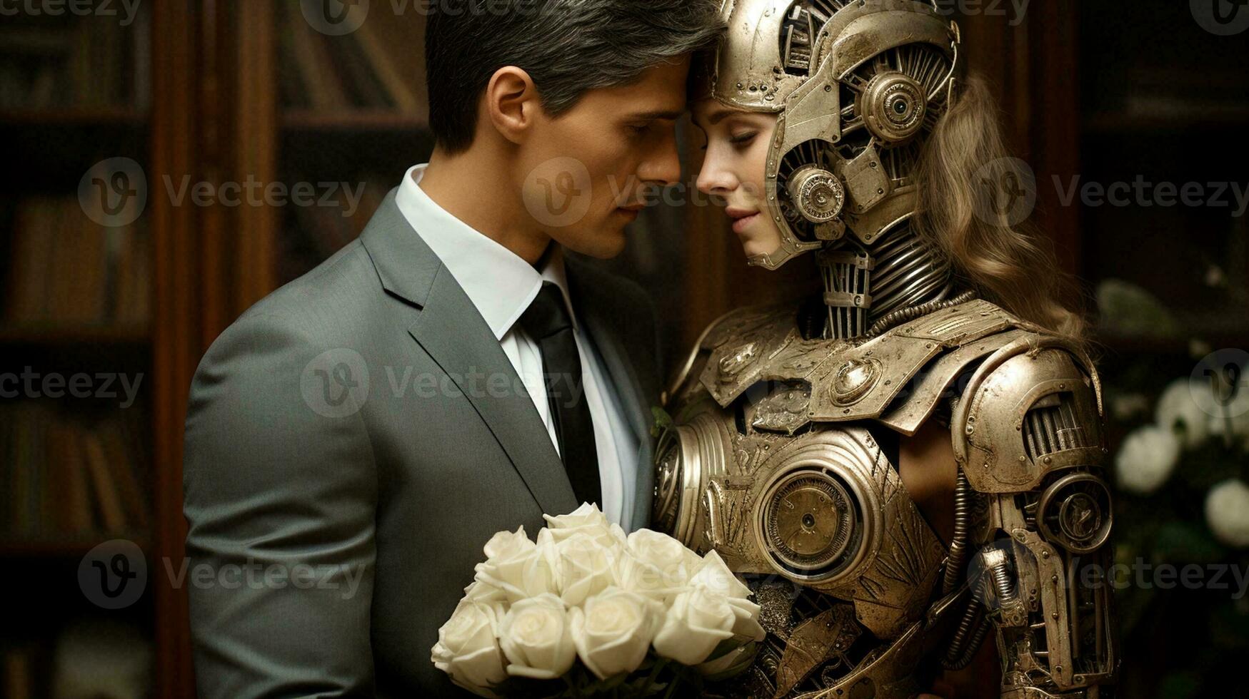 AI Generated Close-up of a man in a gray suit and a white shirt pressing his forehead against his robot wife, selective focus photo