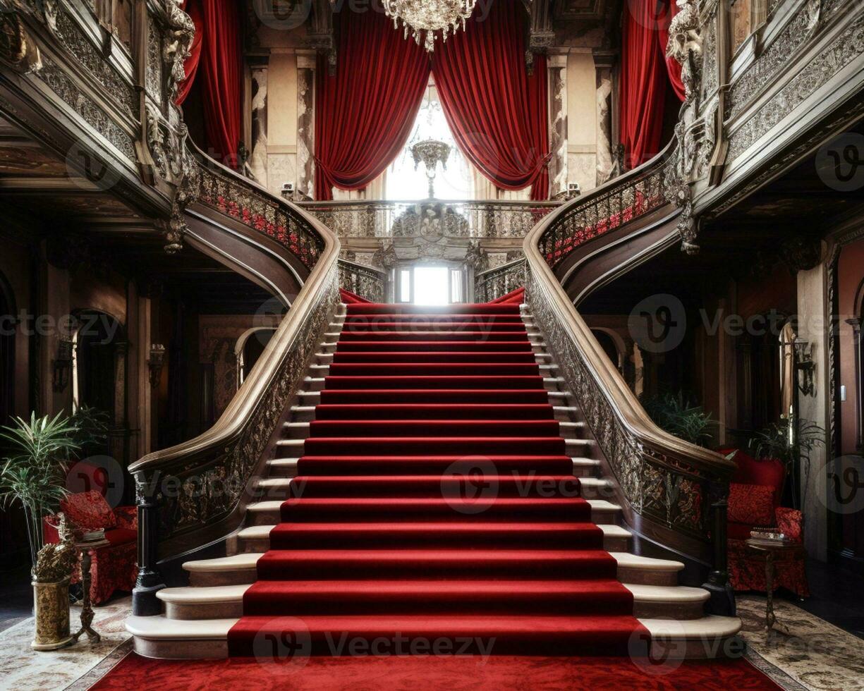 AI Generated empty grand staircase with red carpet in castle photo