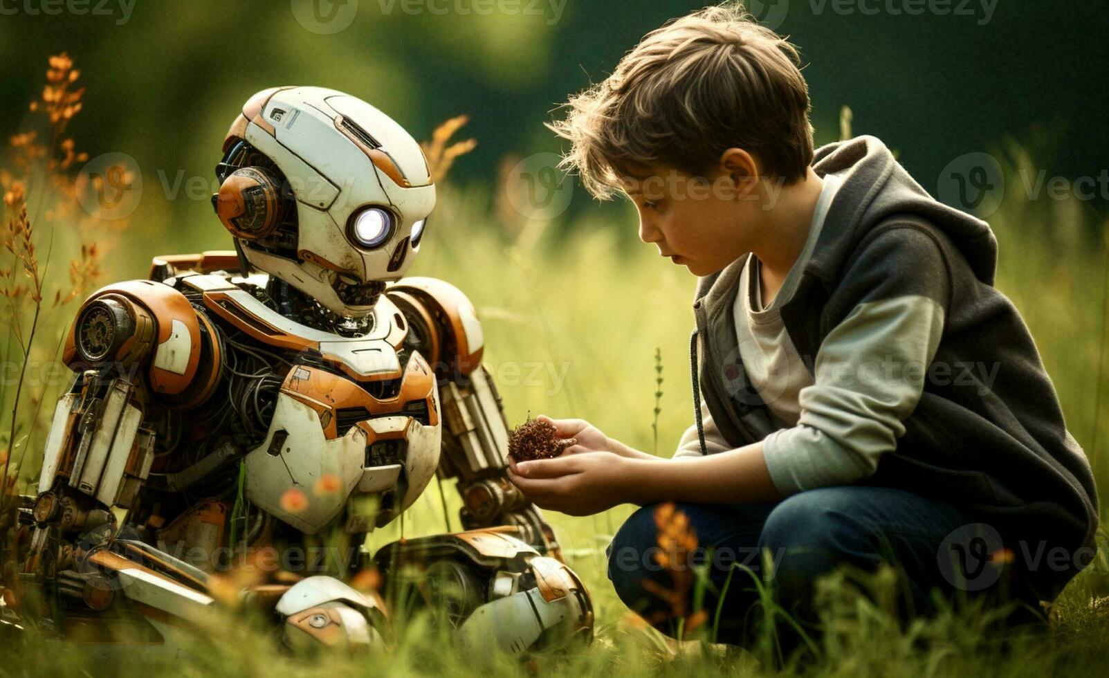 AI Generated Robot and little boy sitting on meadow in grass and looking at a piece of land photo