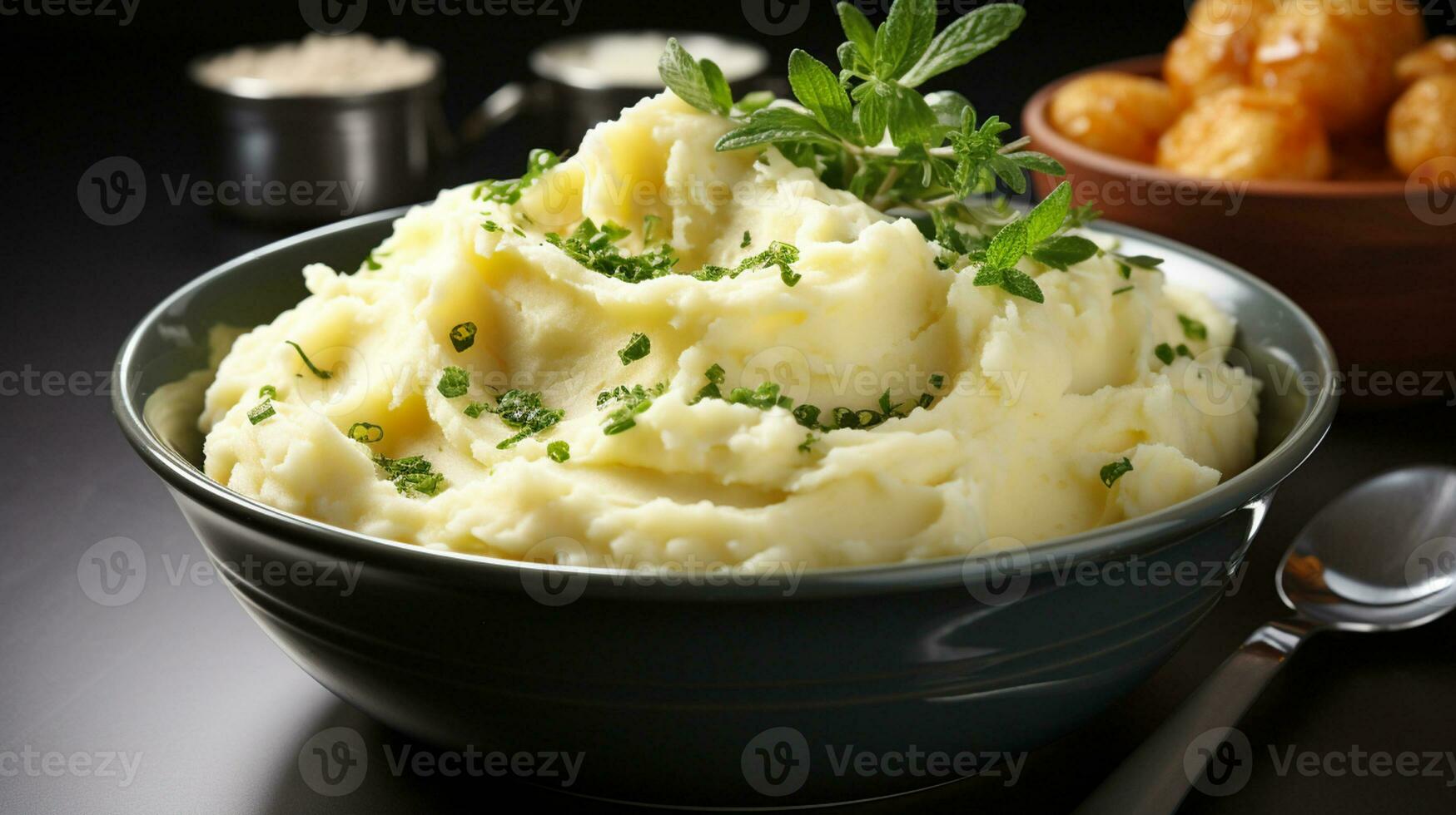 AI Generated Close-up in a deep dark plate of mashed potatoes, in the background out of focus meat balls photo