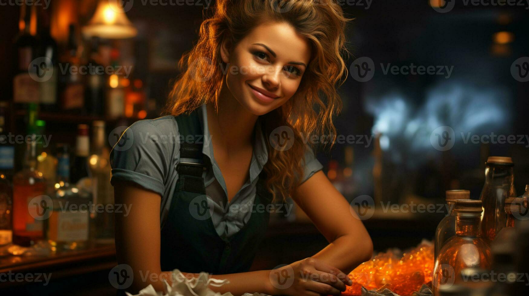 AI Generated Close-up of girl bartender with brown hair behind bar counter photo