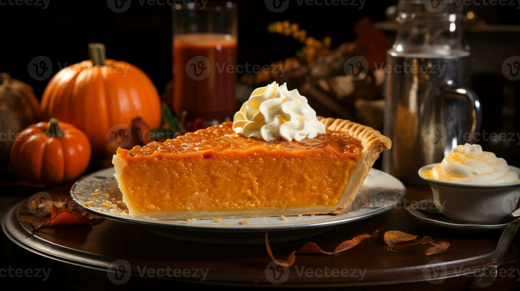 AI Generated Close-up on a white plate, pumpkin pie in the background, small pumpkins, mug with tea and glass with juice photo