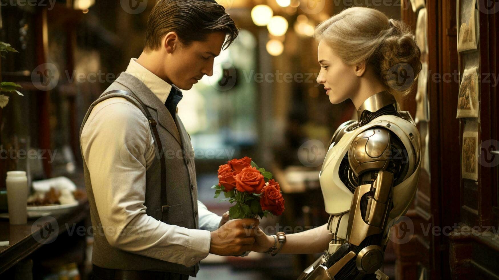 AI Generated Close-up of a man in a white shirt and gray vest giving a bouquet of red roses to a robot girl, selective focus photo