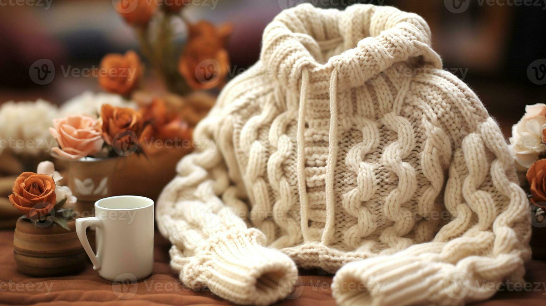 AI Generated Close-up of white knitted sweater sitting at wooden table next to empty white cup and artificial orange roses in pots,conceptual photo, selective focus photo