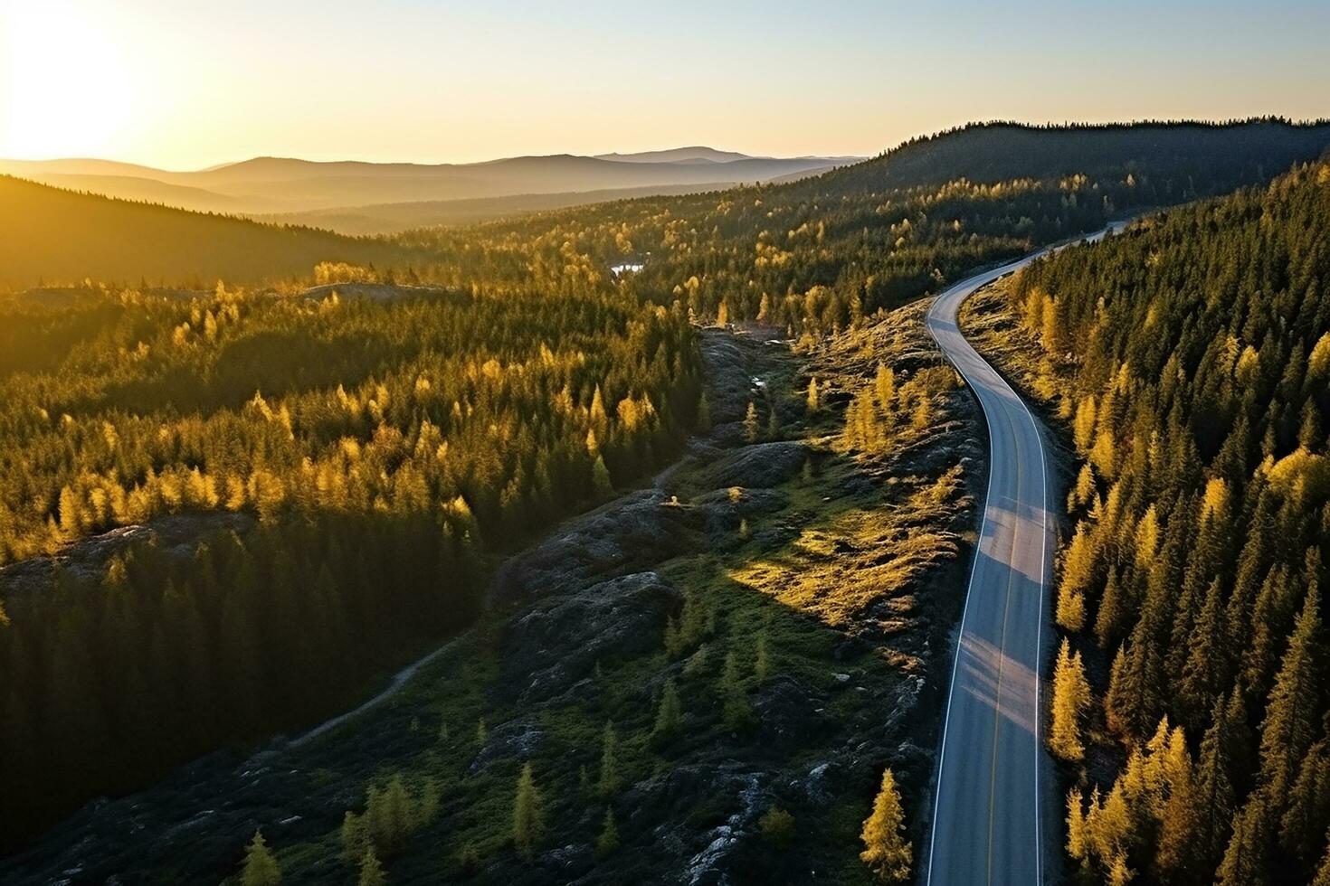 ai generado aéreo ver de montaña la carretera en bosque a puesta de sol en otoño. parte superior ver desde zumbido de la carretera en bosque. hermosa paisaje con calzada en sierras, pino árboles, verde prados foto