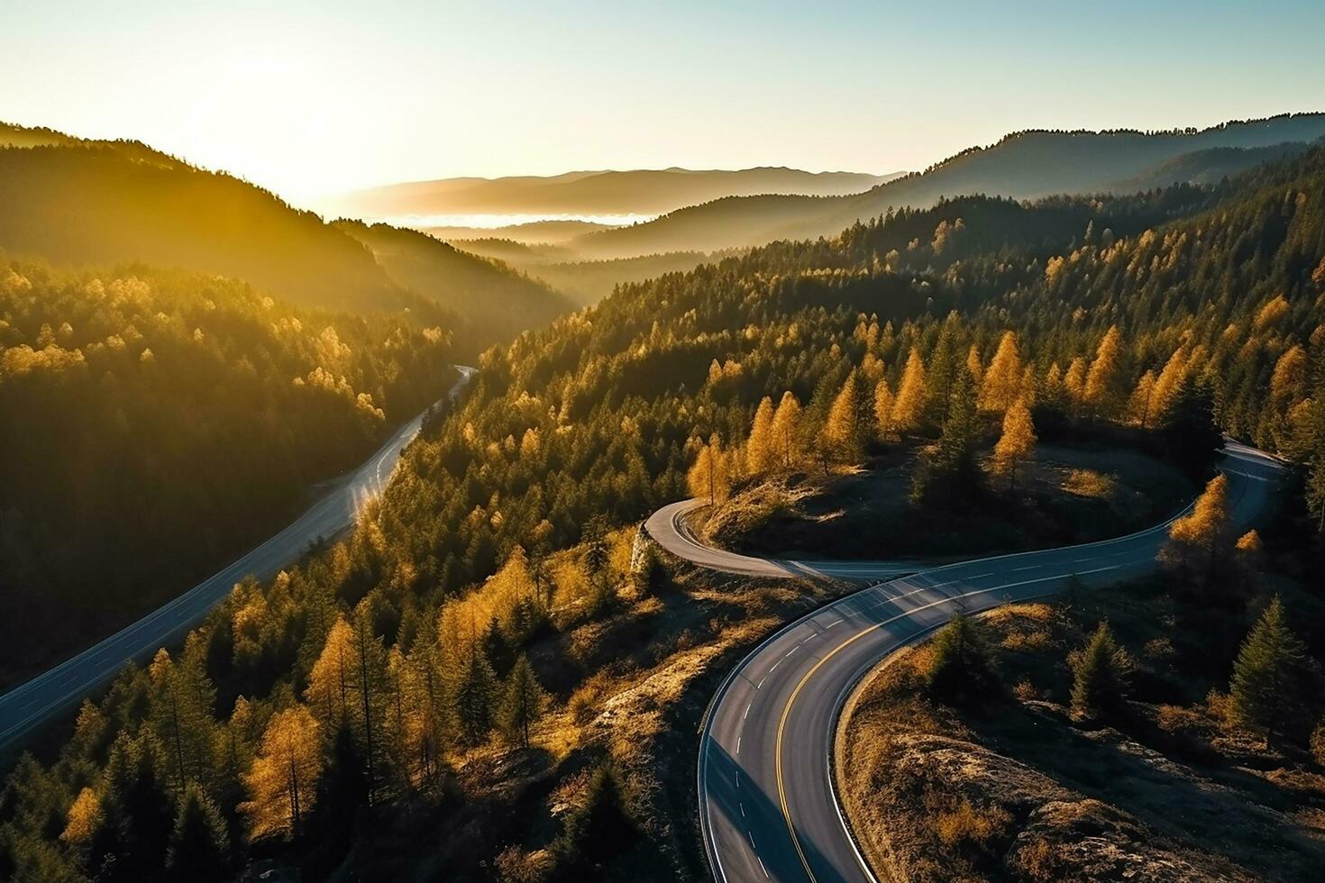 ai generado aéreo ver de montaña la carretera en bosque a puesta de sol en otoño. parte superior ver desde zumbido de la carretera en bosque. hermosa paisaje con calzada en sierras, pino árboles, verde prados foto