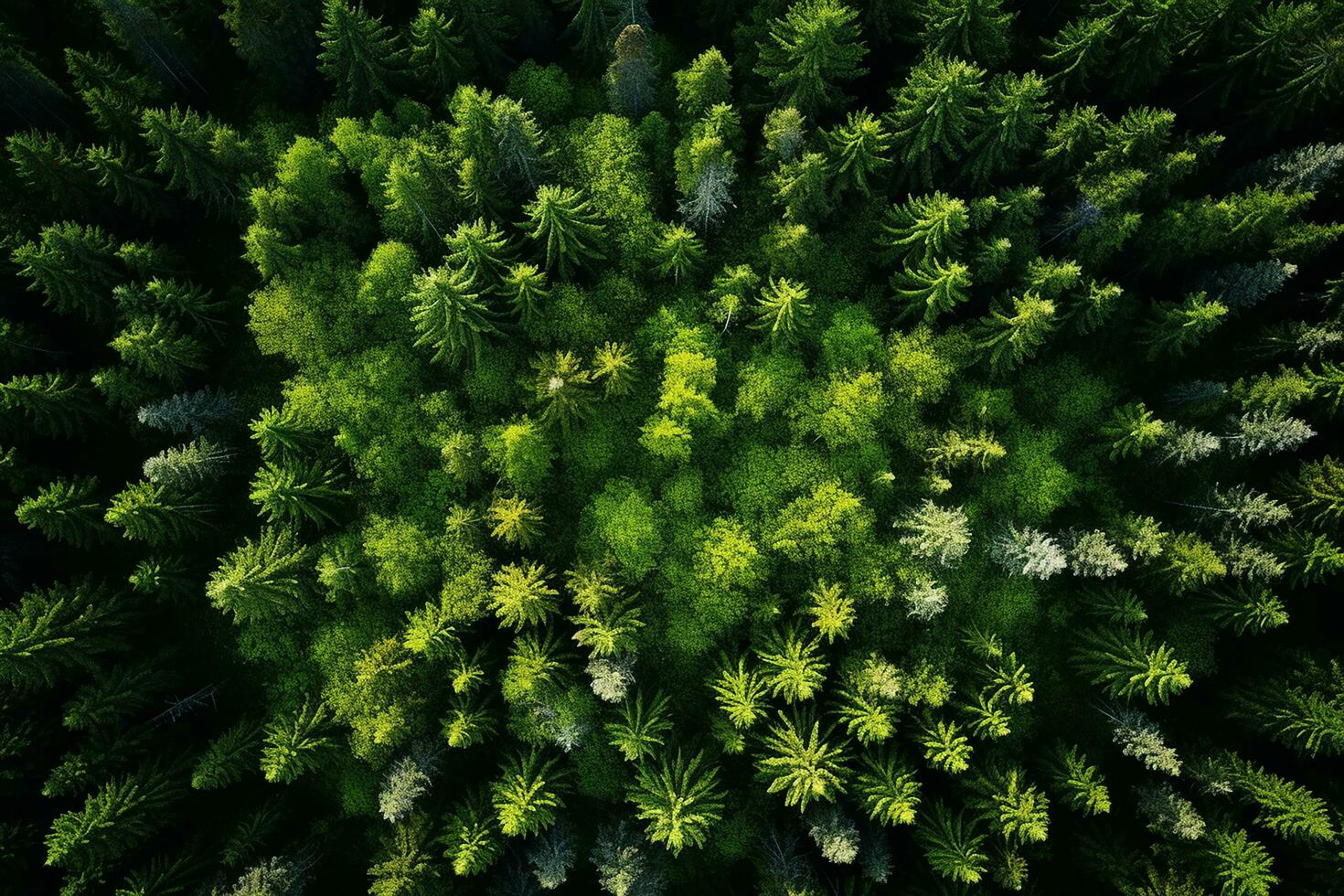 AI generated Aerial view of over dark pine forest trees. Top down drone view. photo