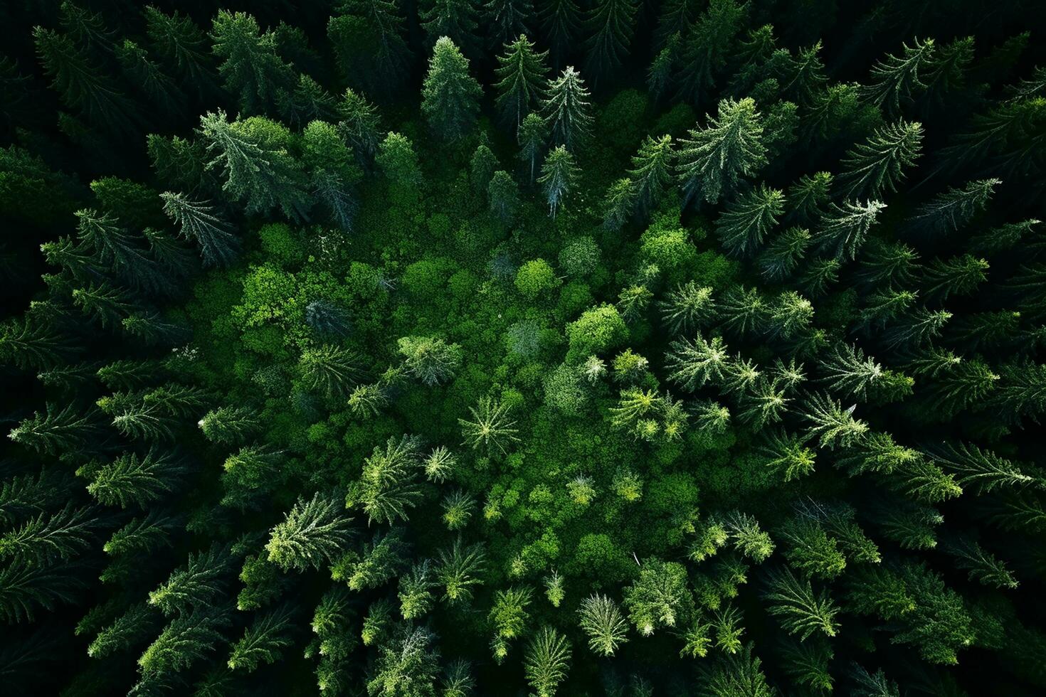 AI generated Aerial view of over dark pine forest trees. Top down drone view. photo