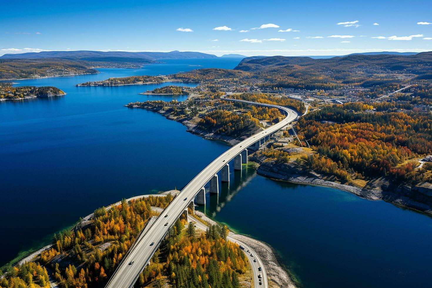 ai generado aéreo ver puente la carretera encima mar conectando islas parte superior abajo paisaje transporte infraestructura famoso puntos de referencia foto