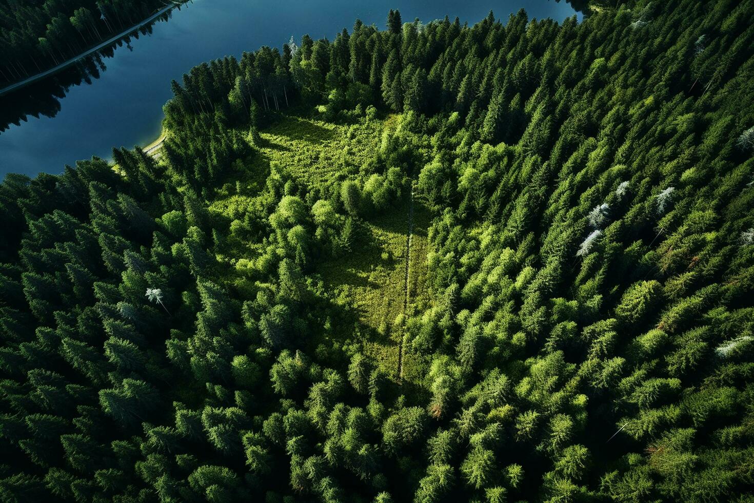 AI generated Aerial view of over dark pine forest trees. Top down drone view. photo