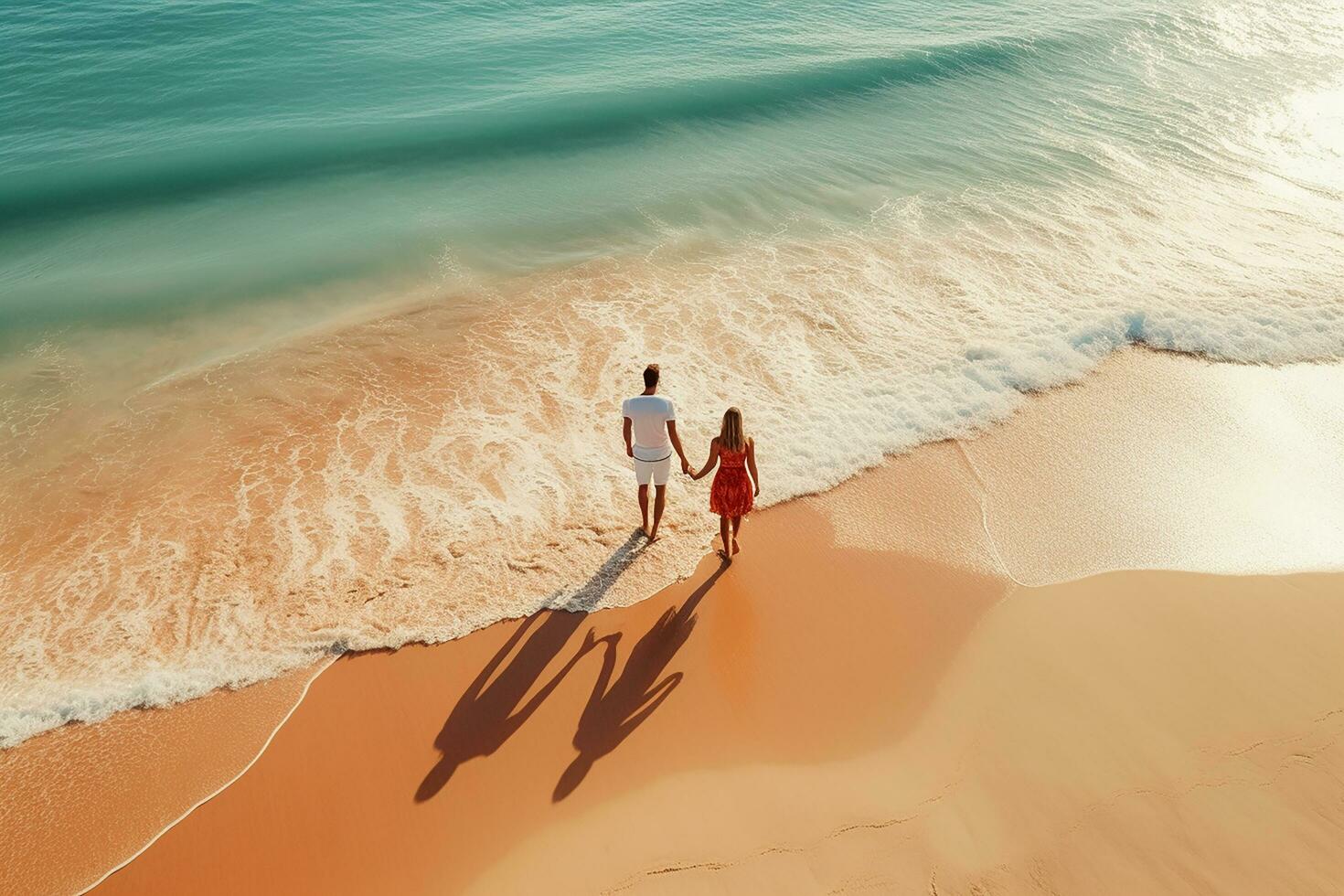 ai generado aéreo ver de increíble playa Pareja caminando en puesta de sol ligero cerca a turquesa mar. parte superior ver de verano playa paisaje foto