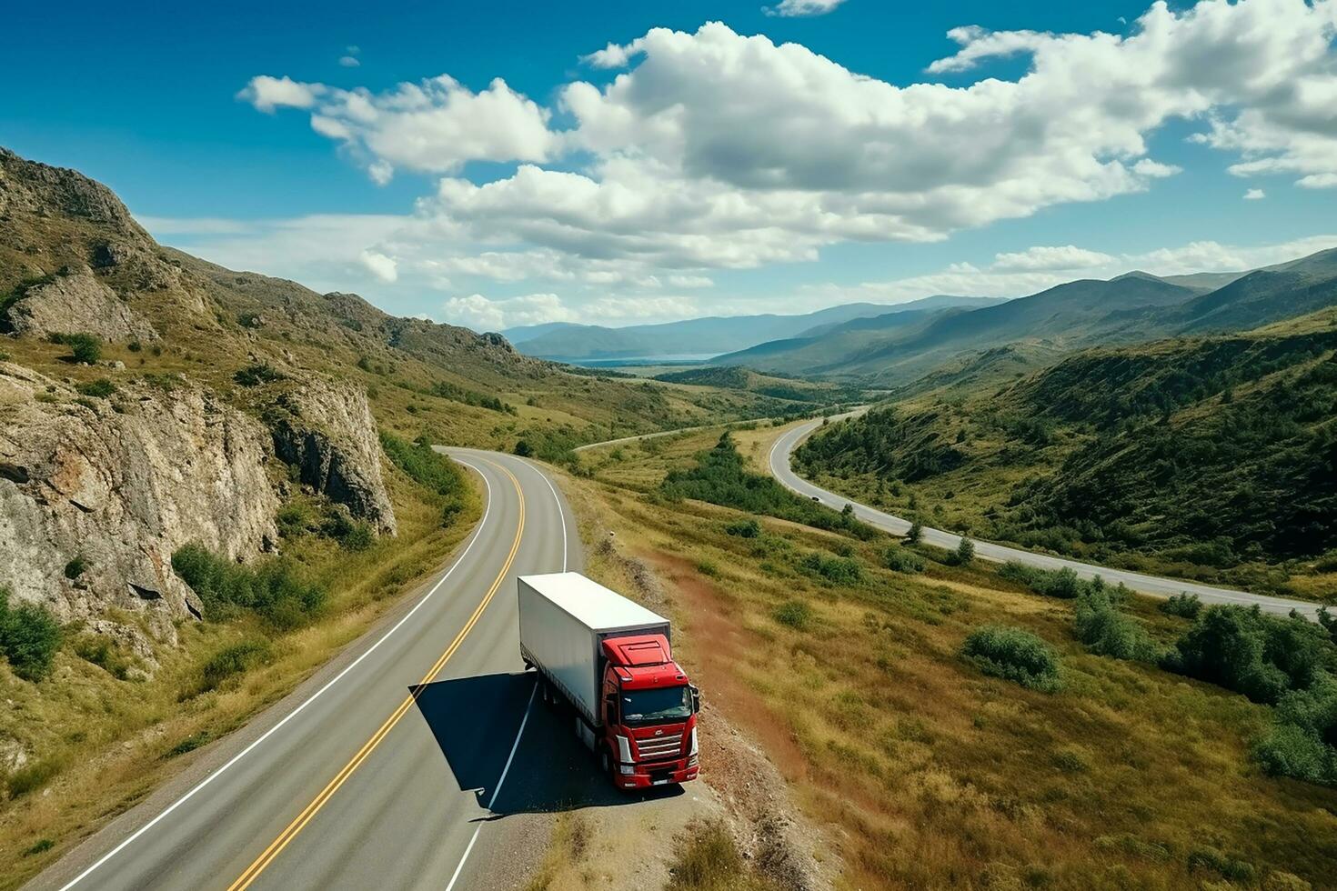 AI generated cargo truck on the higthway. cargo delivery driving on asphalt road through the mountains. seen from the air. Aerial view landscape. drone photography. photo
