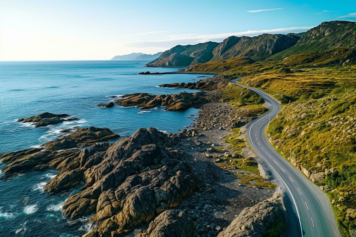 AI generated Aerial view of road, rocky sea coast with waves and stones at sunset Landscape with beautiful road, transparent blue water, rocks. Top view from drone of highway in summer photo