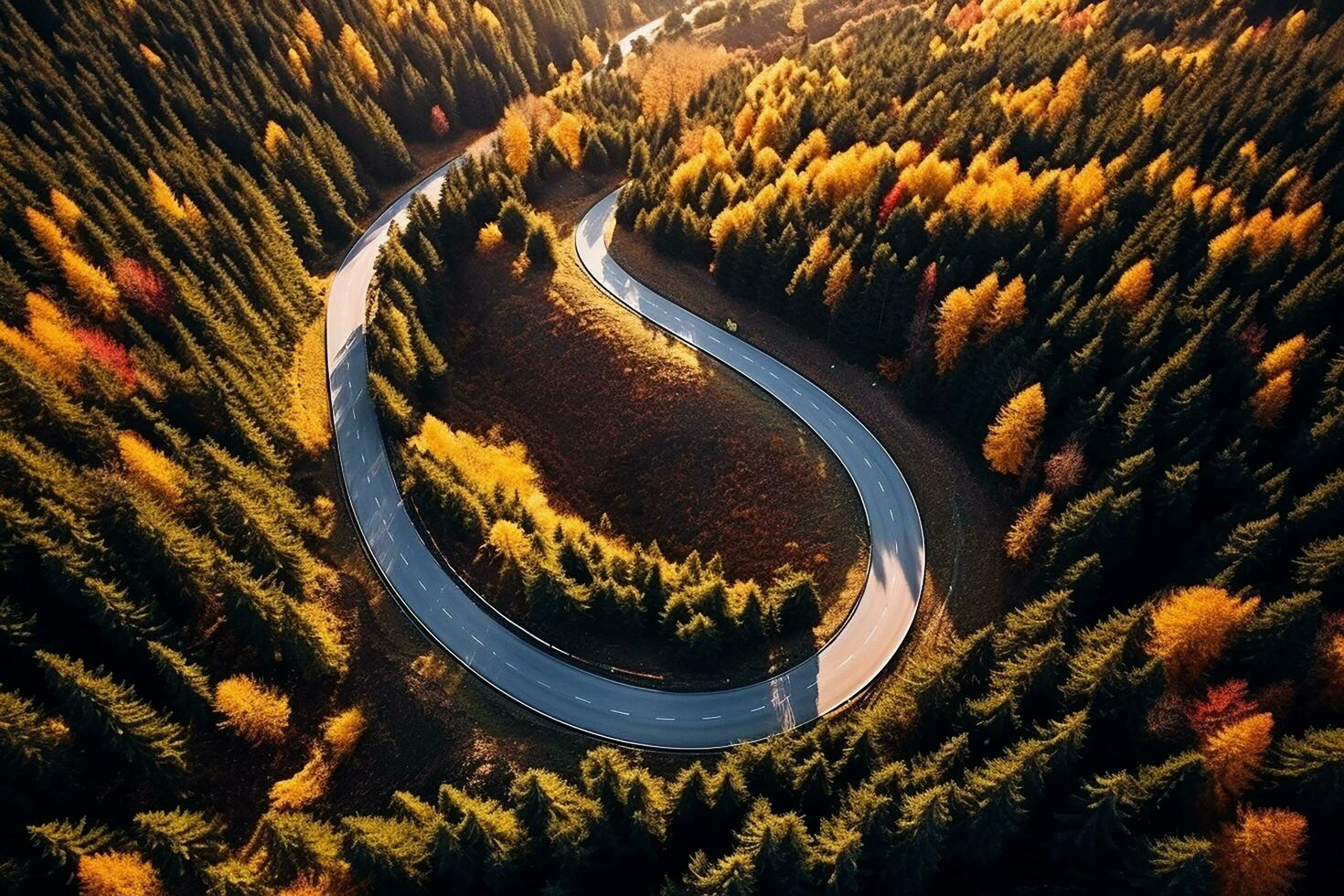 AI generated Aerial view of mountain road in forest at sunset in autumn. Top view from drone of road in woods. Beautiful landscape with roadway in hills, pine trees, green meadows photo
