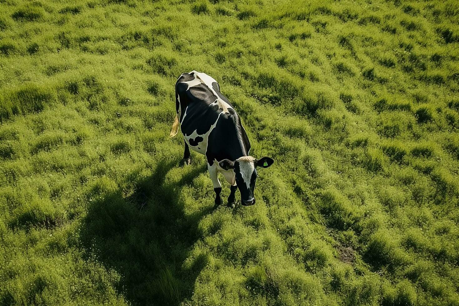 AI generated Aerial view of cow on green meadow in summer. photo