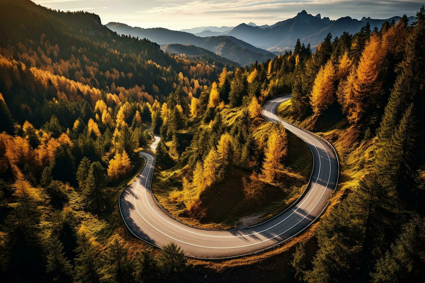 ai generado aéreo ver de montaña la carretera en bosque a puesta de sol en otoño. parte superior ver desde zumbido de la carretera en bosque. hermosa paisaje con calzada en sierras, pino árboles, verde prados foto