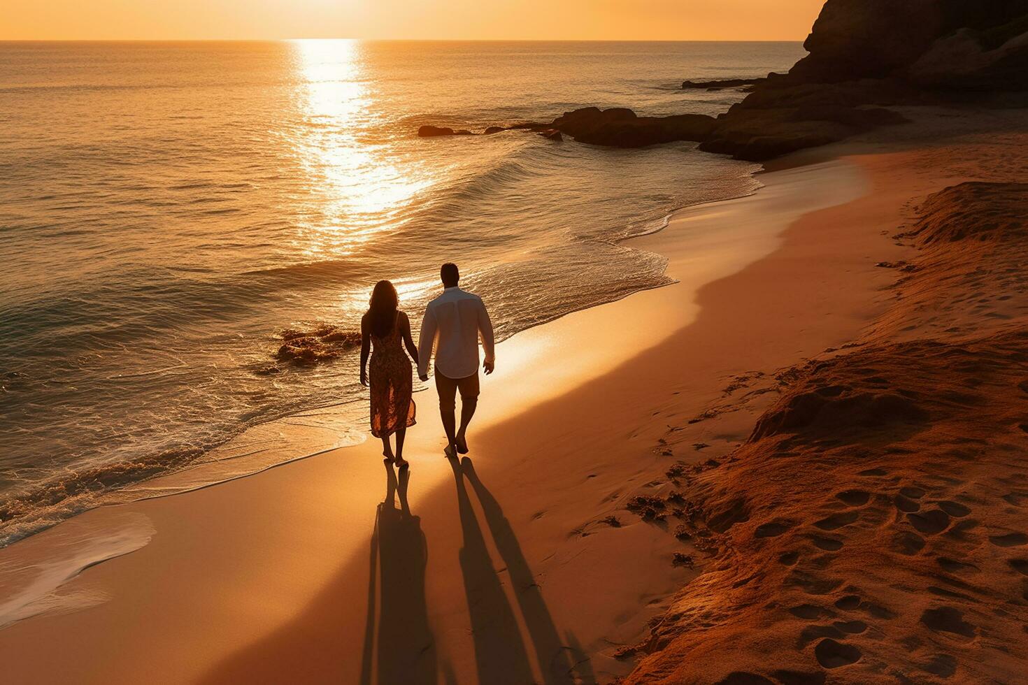 ai generado aéreo ver de increíble playa Pareja caminando en puesta de sol ligero cerca a turquesa mar. parte superior ver de verano playa paisaje foto