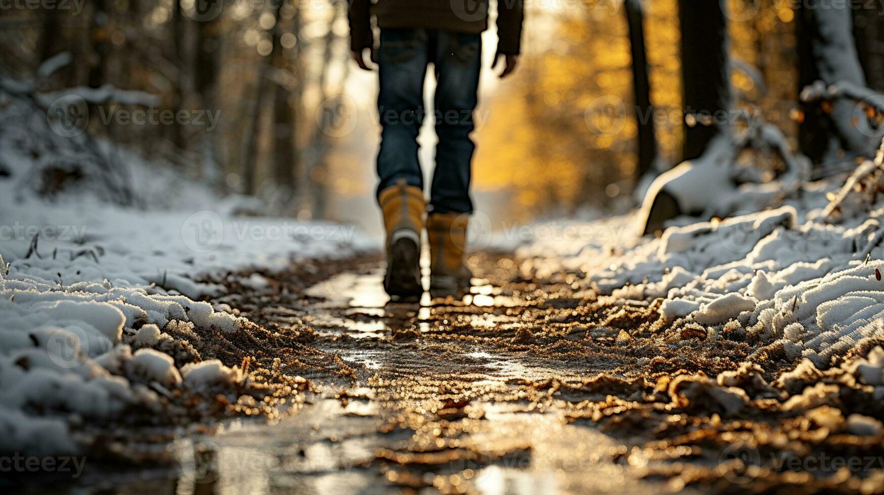 AI Generated Selective focus, cropped view of man walking along a soldered park path in the rays of the setting sun, there is still snow on the sides of the path photo